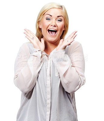 Buy stock photo Woman in portrait, happy for surprise or shock in studio with reaction and expression for news or announcement. Hand gesture, emoji and winner, wow face for success or achievement on white background
