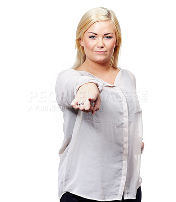 Buy stock photo Woman, studio and point at you for decision with vote, recruitment and portrait by white background. Person, hand and sign for decision with like for onboarding, hiring and call to action in Berlin