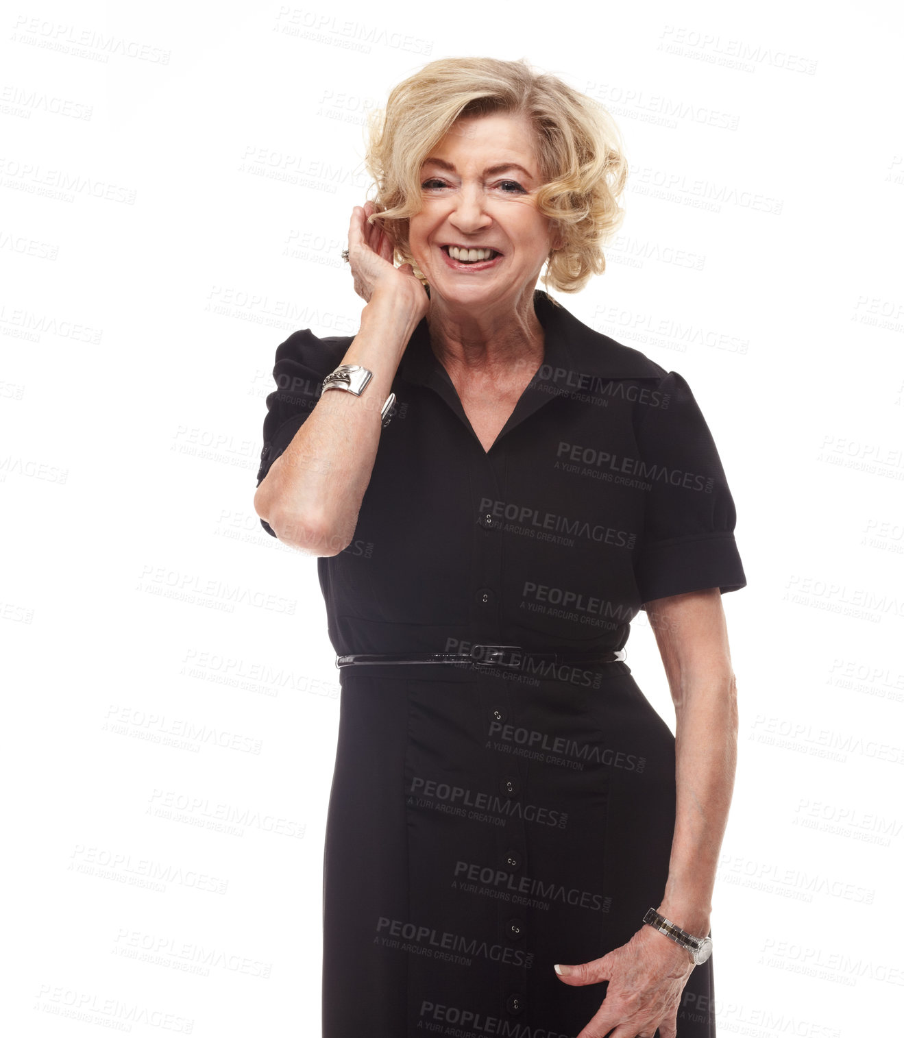 Buy stock photo Fashion, hair and clothes for senior woman in studio against white background and isolated for retirement and modern. Model, elderly person or mature female with dress and smiling with confidence 