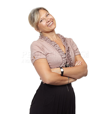 Buy stock photo Smile, studio and portrait of boss with arms crossed for confidence, pride or joy in career. Manager, business and face of woman with happiness for corporate, job or entrepreneur on white background