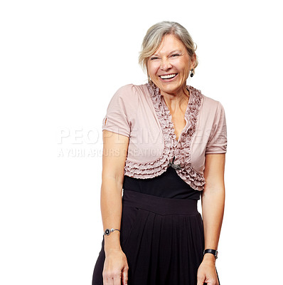 Buy stock photo Mature woman, portrait and confidence for style in studio, casual outfit and aesthetic on white background. Happy female person, mockup space and pride for fashion, laugh and lady in designer clothes