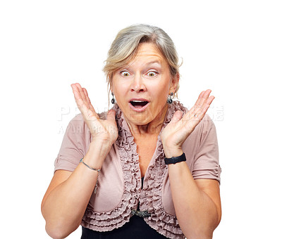 Buy stock photo Mature woman, shock and studio with hands, thinking and surprise for announcement by white background. Senior person, wow and confused for news, information and notification with drama in Germany