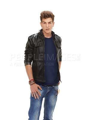 Buy stock photo Handsome man, portrait and fashion with leather jacket, denim jeans or cool clothing on a white studio background. Attractive male person, punk or dude with casual outfit for style on mockup space