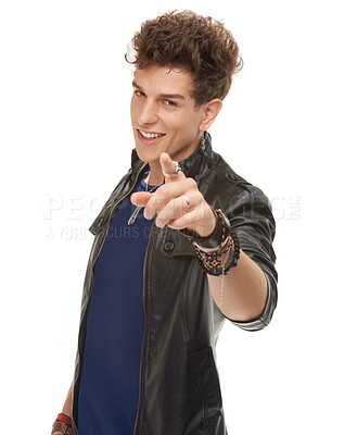 Buy stock photo Happy man, portrait and pointing to you in fashion for choice or pick on a white studio background. Isolated male person with smile for decision, choose or selection in stylish jacket or clothing