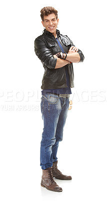 Buy stock photo Happy man, portrait and fashion with confidence for leather jacket, denim jeans or cool clothing on a white studio background. Handsome male person, punk or young dude with casual outfit for style