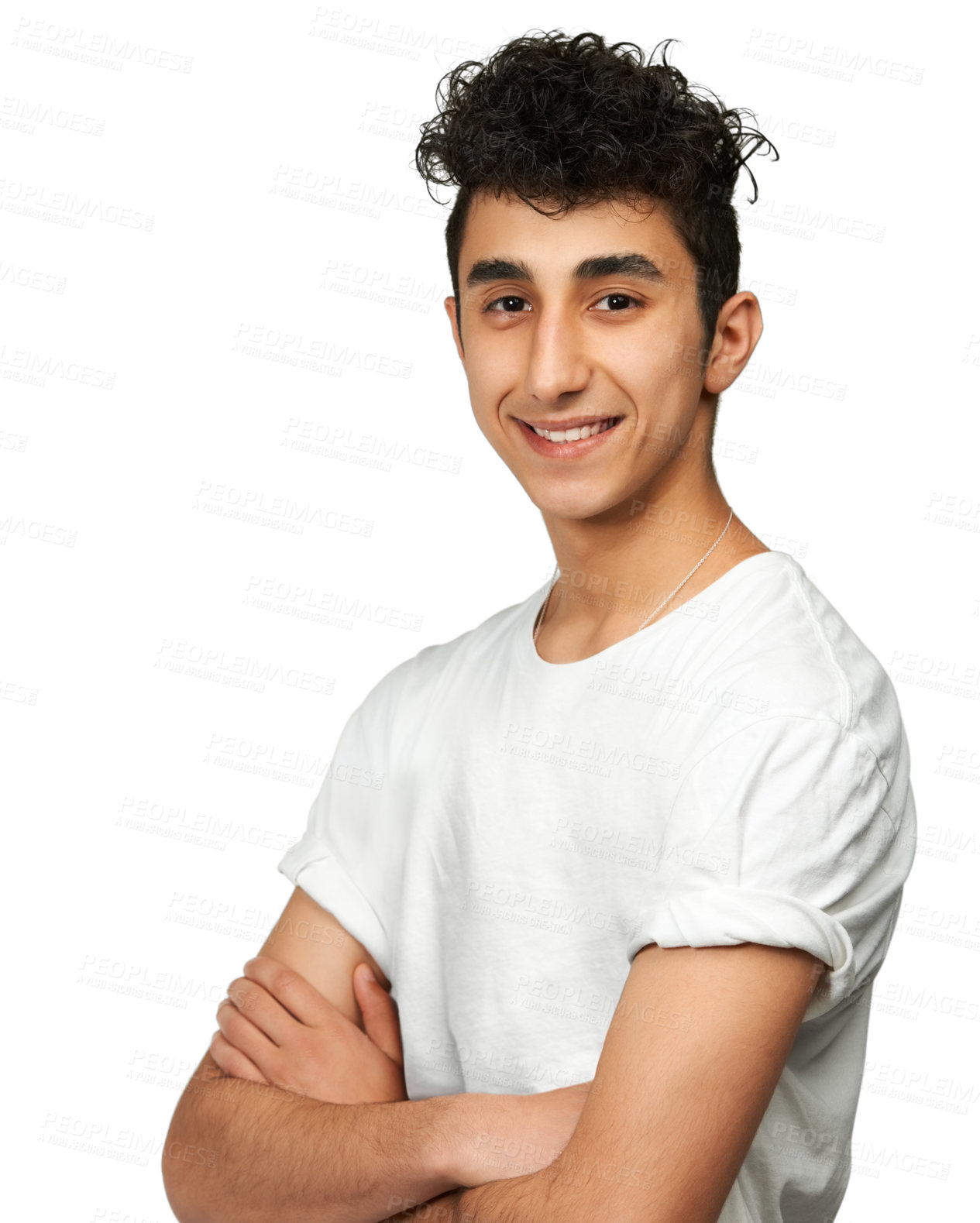 Buy stock photo Fashion, confident and portrait of man in studio with smile, happiness and pride on white background. Crossed arms, happy and face of isolated young male person in trendy casual clothes in Armenia