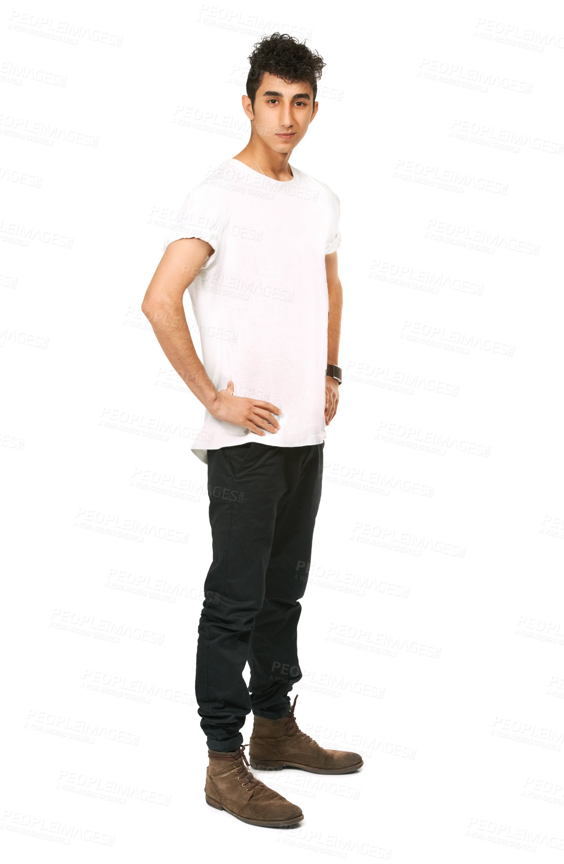 Buy stock photo Fashion, confidence and portrait of man in studio with attitude, confident and pride on white background. Mockup, model and face of isolated young male person in trendy casual clothes in Lebanon