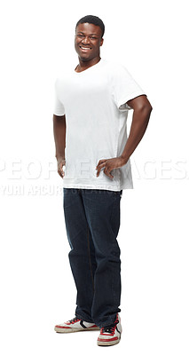 Buy stock photo Happy, fashion and portrait of black man on a white background with confidence, attractive and pride in studio. Smile, confident and isolated handsome young male person with trendy casual clothes