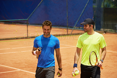 Buy stock photo Two male tennis players on the court
