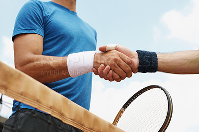Buy stock photo Men, shaking hands or competition on tennis court and congratulations for achievement in professional game. Handshake, winner and athlete for thank you in tournament and respect to champion in match