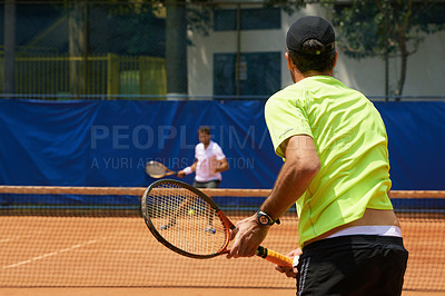 Buy stock photo Fitness, health and tennis with man on court for competition, game or match in summer from back. Coaching, sports or training with athlete person and rival outdoor on clay for workout or hobby