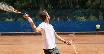 Buy stock photo People, playing and competition on tennis court, athlete and serve racket or ball in professional match. Fitness, outdoor and intensity for victory in tournament and skill of champion player in game