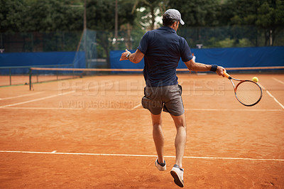 Buy stock photo Man, play and court for tennis game, training and tournament for competition or athlete. Male person, professional and match for practice or fitness for championship, recreation and racket sport