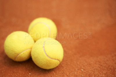 Buy stock photo Sports, tennis and balls on court closeup from above for start of competition, game or match. Fitness, mockup or space on ground at stadium or venue, ready for start of championship tournament