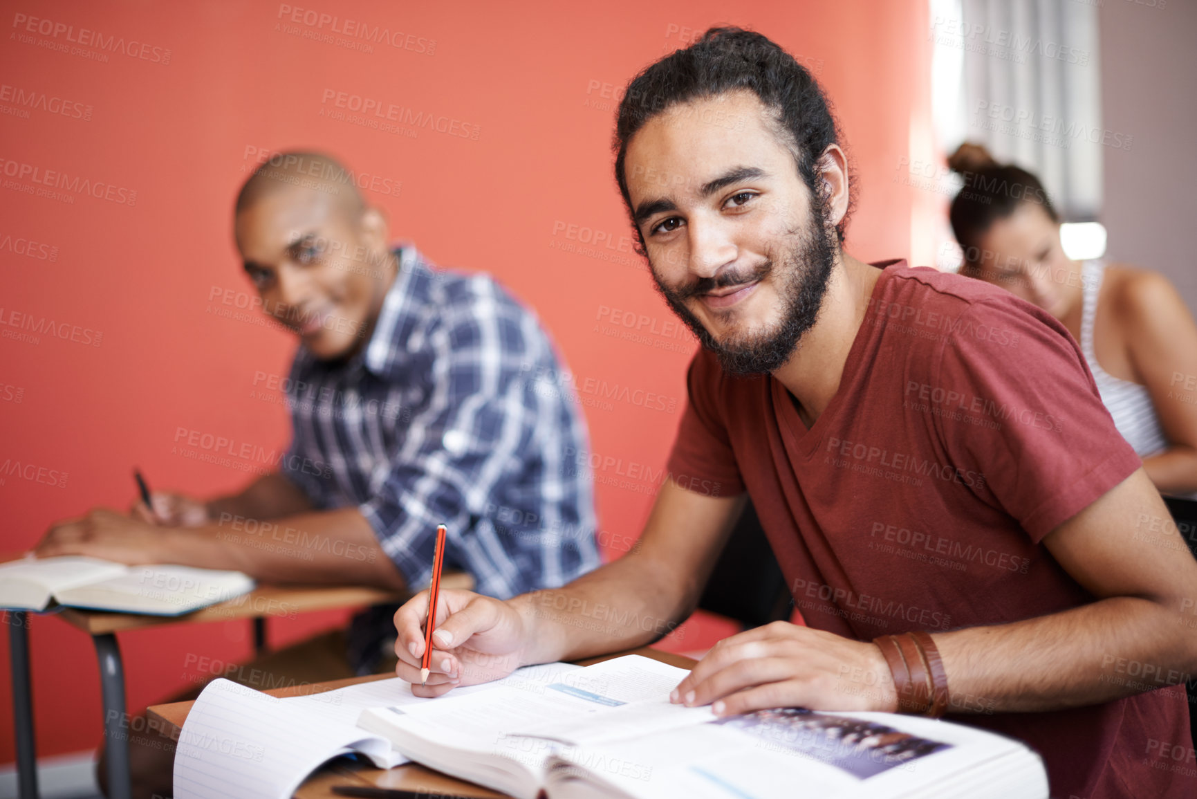 Buy stock photo Portrait, university and students in a class, books and knowledge with research and college. Face, friends and men on campus with learning and studying with support and exams with notes and education