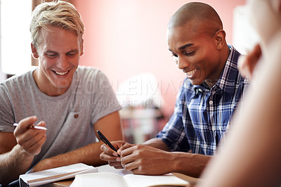 Buy stock photo Students, class and writing notes in university, learning and knowledge on college campus. Education, men and diversity for information in book, teamwork and communication for studying or revision