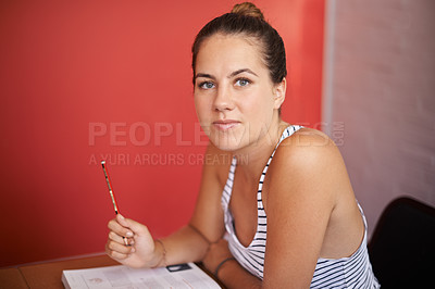 Buy stock photo College student, portrait and desk in classroom with textbook for english literature or language for exam. Female person, university and scholarship for learning or education, knowledge and studying.