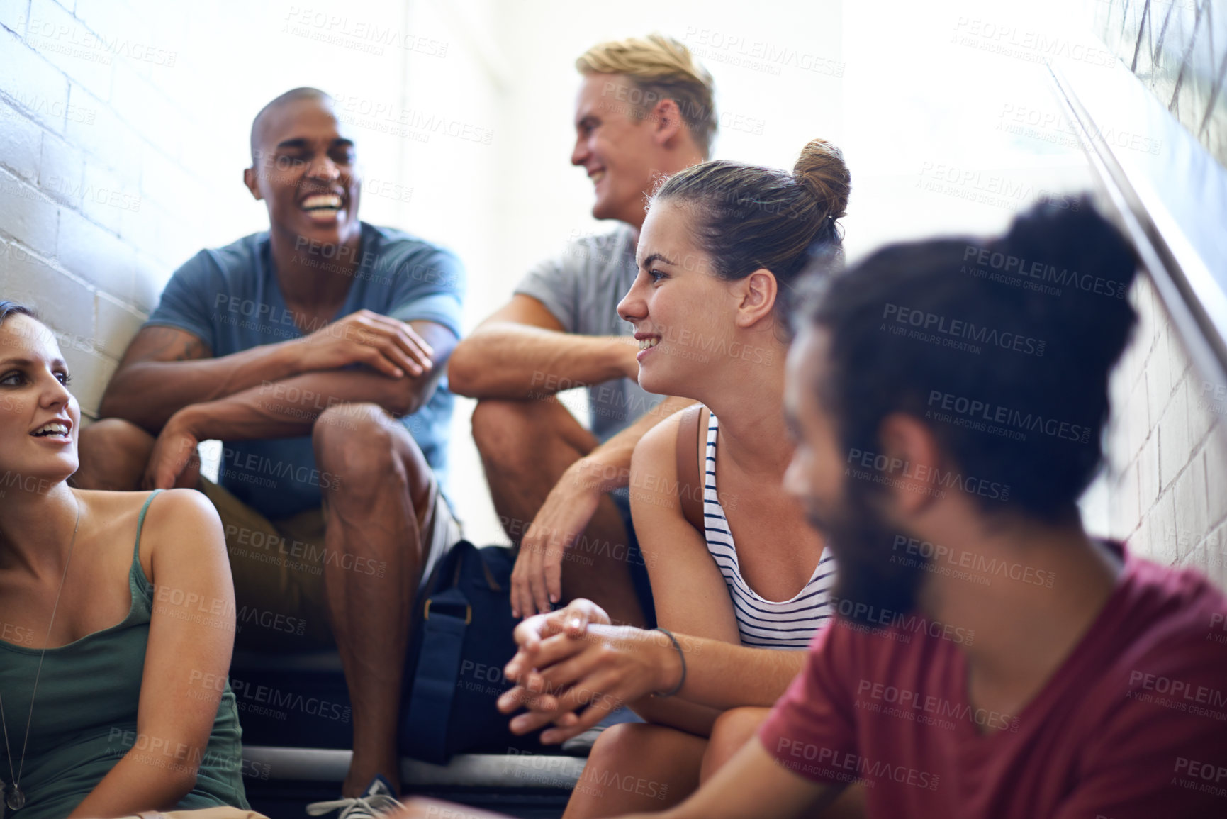 Buy stock photo Group, stairs and students with conversation, brainstorming and relaxing with education and friends. Men, women and people with diversity and knowledge with planning and college with lunch break