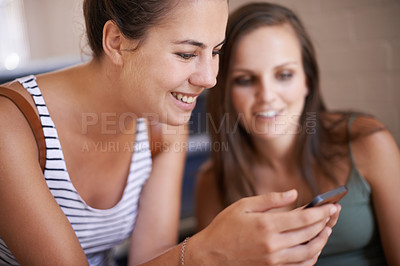 Buy stock photo College, friends and reading phone together on campus with online post on social media. Network, connection or students check news, information or meme on internet blog with smartphone at university
