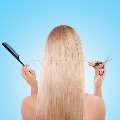 Buy stock photo Woman, back and studio with hair, scissors and comb with grooming tools by blue background. Girl, person and model with hairdresser equipment for hairstyle, cutting and cosmetics for transformation