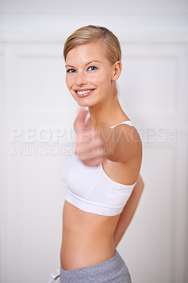 Buy stock photo Happy woman, portrait and fitness with thumbs up for workout, exercise or training at home. Face of female person or yogi with smile, like emoji or yes sign for good job, success or winning at house