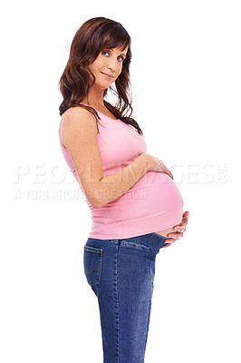 Buy stock photo Portrait, woman and pregnant in studio smile, face and touching belly with happiness. Female person, maternity and relax on white background with casual outfit, trendy and stylish for fashion