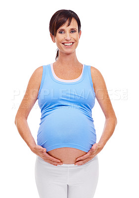 Buy stock photo Portrait, pregnant or woman for belly, self care and fitness on mockup in studio on white background. Happy, healthy and female person for prenatal workout, maternity and wellness in pregnancy