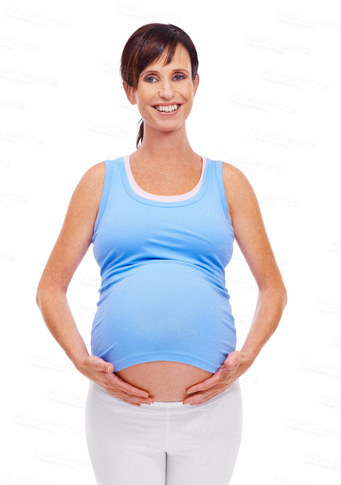 Buy stock photo Portrait, pregnant or woman for belly, self care and fitness on mockup in studio on white background. Happy, healthy and female person for prenatal workout, maternity and wellness in pregnancy