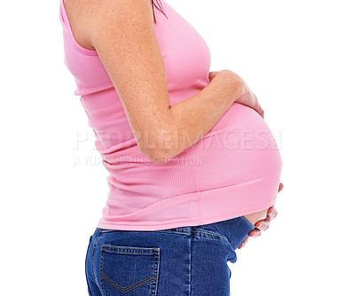 Buy stock photo Cropped shot of a pregnant woman isolated on white