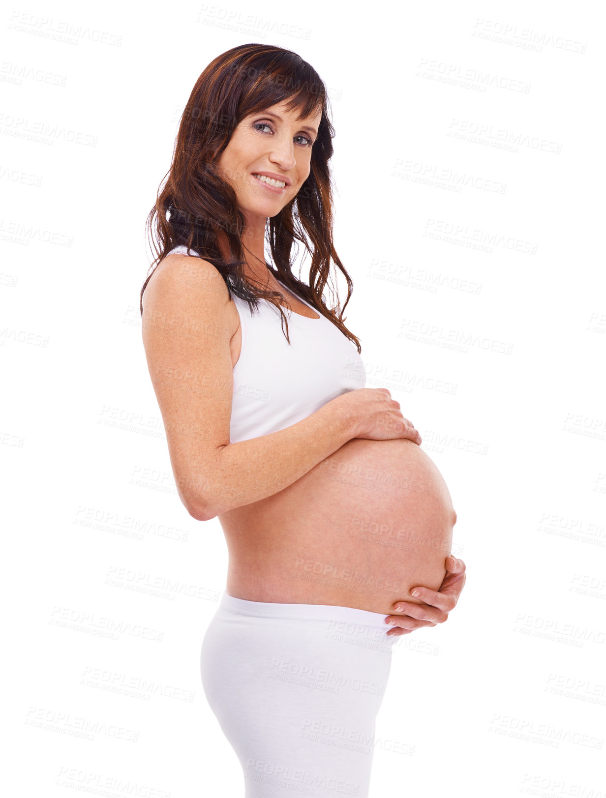 Buy stock photo Portrait, woman and belly for pregnancy, hope and happy love on mockup in studio on white background. Proud, pregnant and female person for prenatal care for healthy, maternity and motherhood