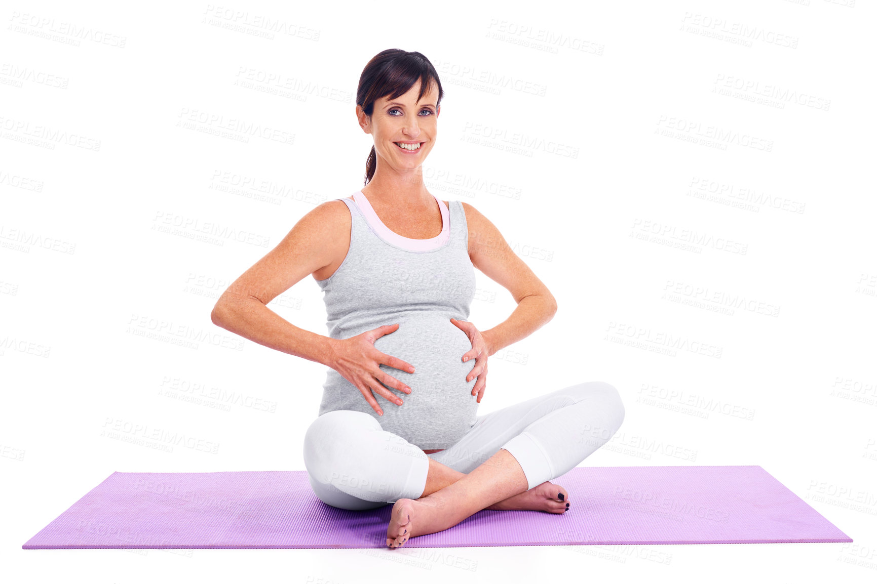 Buy stock photo Portrait, pregnant and yoga with woman on exercise mat in studio isolated on white background. Fitness, pilates and smile with happy young person training for prenatal health or pregnancy wellness