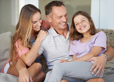 Buy stock photo Parents, girl kid and portrait on patio with hug, care and love with dad with smile at family house. Father, mother and daughter with embrace, connection and happy to relax together in backyard