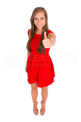 Buy stock photo Portrait, smile and woman with thumbs up for success, vote or sign for support. Happy person, like or hand gesture for agreement, feedback or review emoji isolated on a white studio background mockup