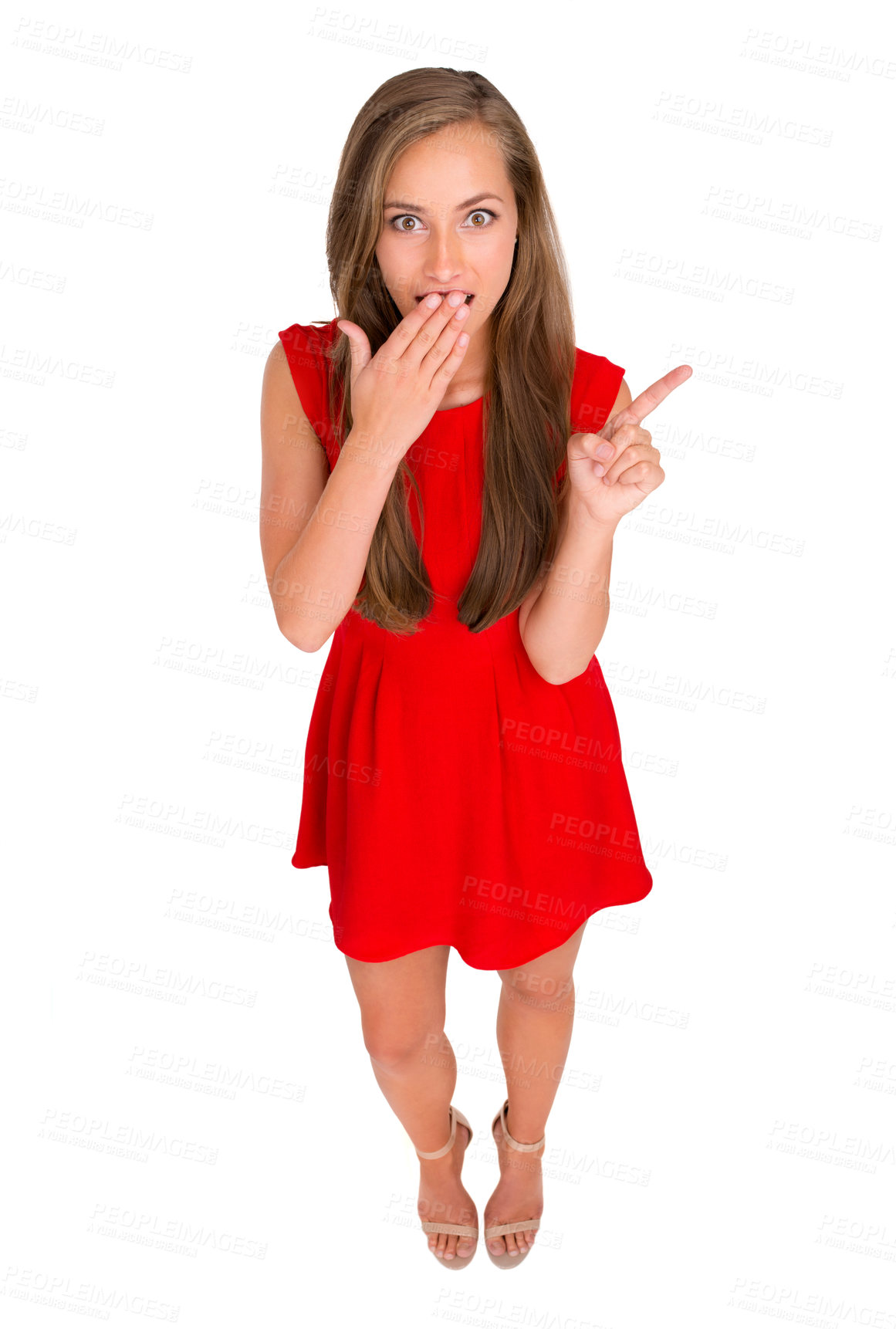 Buy stock photo Portrait, surprise or woman pointing to mockup space, promotion or advertising isolated on a white studio background. Wow, hand gesture or person show announcement, sale or shocked at marketing offer