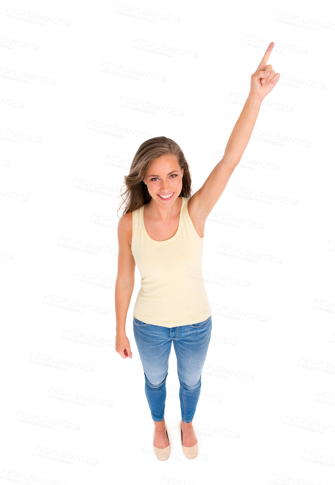 Buy stock photo Woman, portrait and pointing for marketing, sale or discount in studio with isolated white background. Smile, top view and hand gesture of female model for advertising, promotion or announcement.