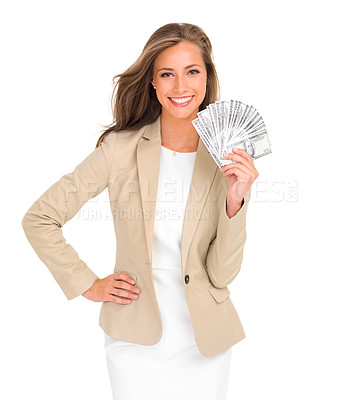 Buy stock photo Studio shot of a confident young businesswoman holding a large sum of money isolated on white