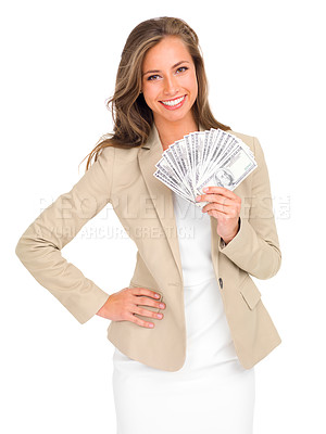 Buy stock photo Cash, fan and portrait of woman with money on studio, white background and lottery mockup. Professional, person and investing dollars in hand from giveaway, profit or savings from financial success