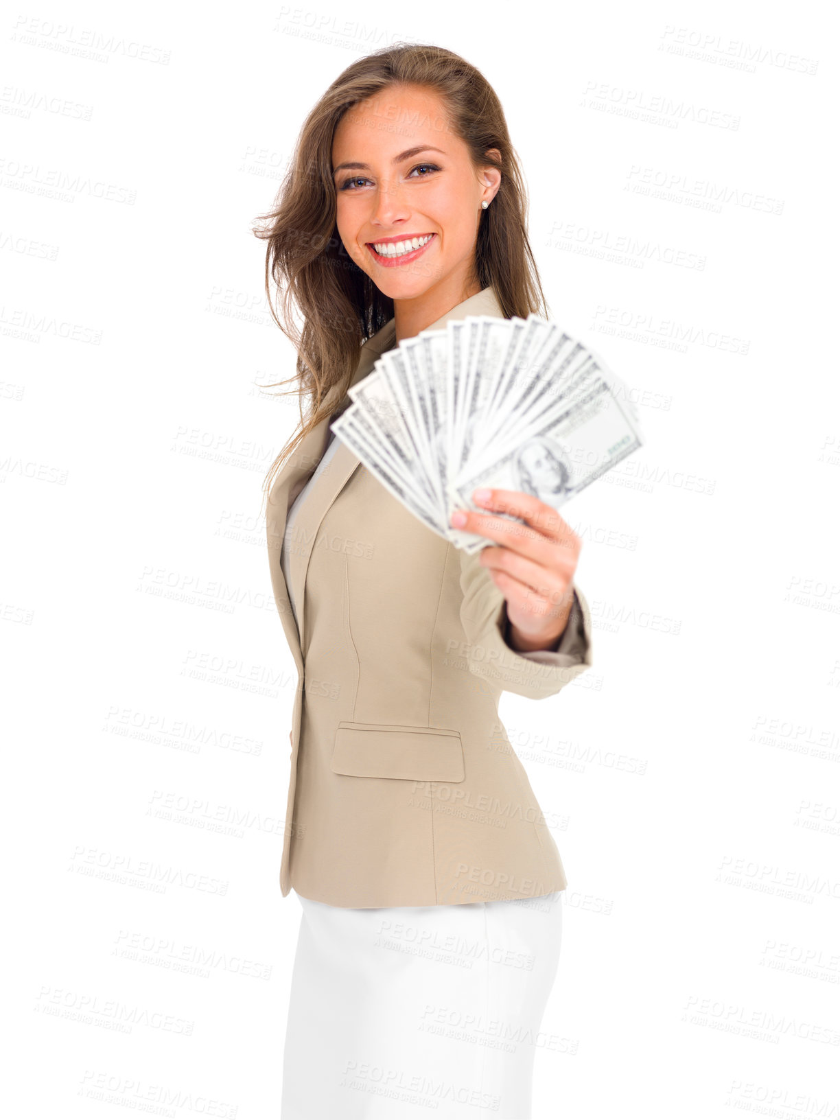 Buy stock photo Business woman, portrait smile and money fan in finance for wealth, winning or salary against a white studio background. Isolated happy female person or model smiling with cash for financial freedom