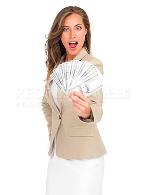 Buy stock photo Cash, fan and portrait of woman with surprise for money on studio, white background and mockup. Professional, person and dollars in hand for winning bonus, giveaway or financial success on investment