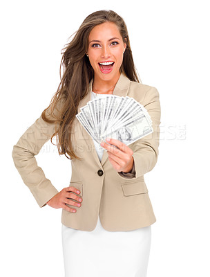 Buy stock photo Cash, fan and portrait of woman winning money on studio, white background and mockup. Professional, person and dollars in hand for bonus, giveaway or financial success on investment opportunity