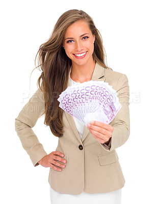 Buy stock photo Business woman, portrait and money in financial freedom, wealth or winning salary against a white studio background. Isolated happy female person, employee or model with cash fan and smile in finance