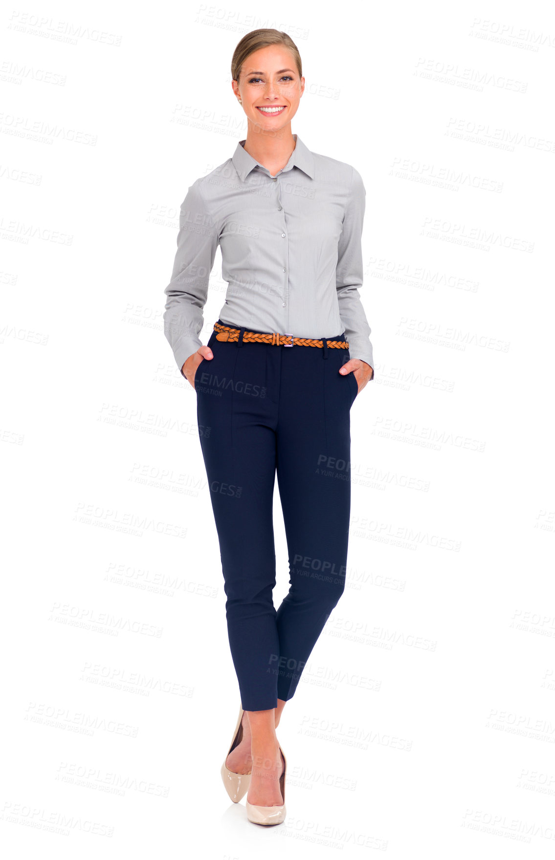 Buy stock photo Full-length studio shot of an attractive young businesswoman isolated on white