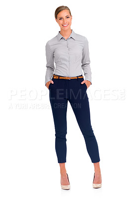 Buy stock photo Business woman, portrait smile and full body standing in confidence against a white studio background. Isolated female person, employee or model posing or smiling with hands in pocket on mockup space