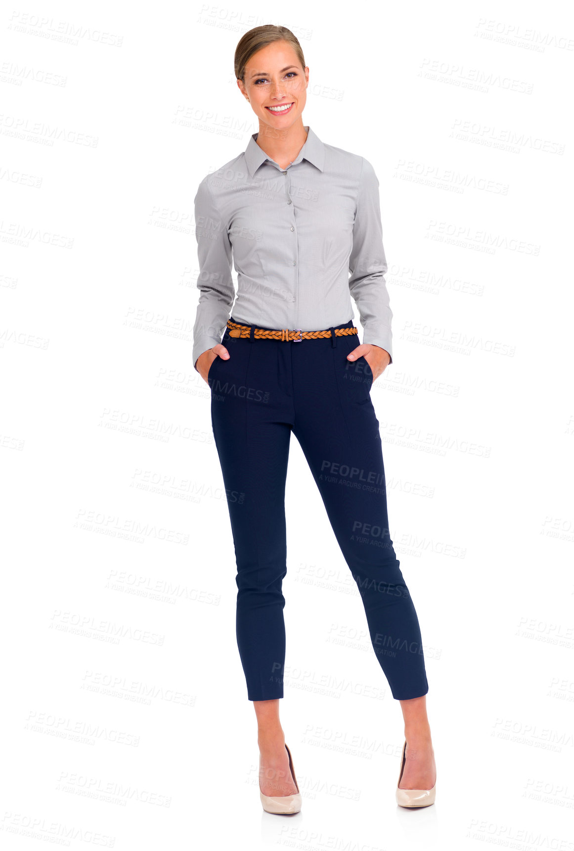 Buy stock photo Business woman, portrait smile and full body standing in confidence against a white studio background. Isolated female person, employee or model posing or smiling with hands in pocket on mockup space