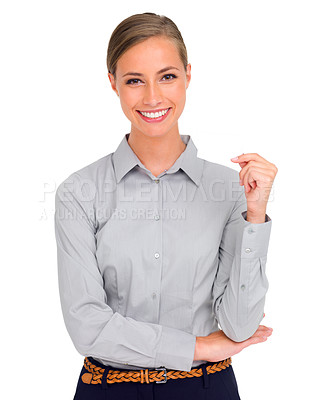 Buy stock photo Woman, entrepreneur and smile for work, studio and portrait in confidence, adult and job for business. Professional female person, happy and startup for white background, career and shirt style