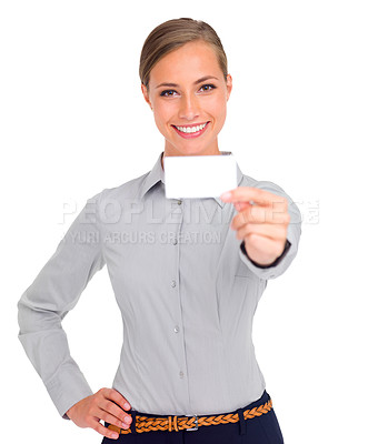 Buy stock photo Business woman, portrait smile and card for advertising, marketing or branding against a white studio background. Happy female person, employee or model showing poster or placard for advertisement