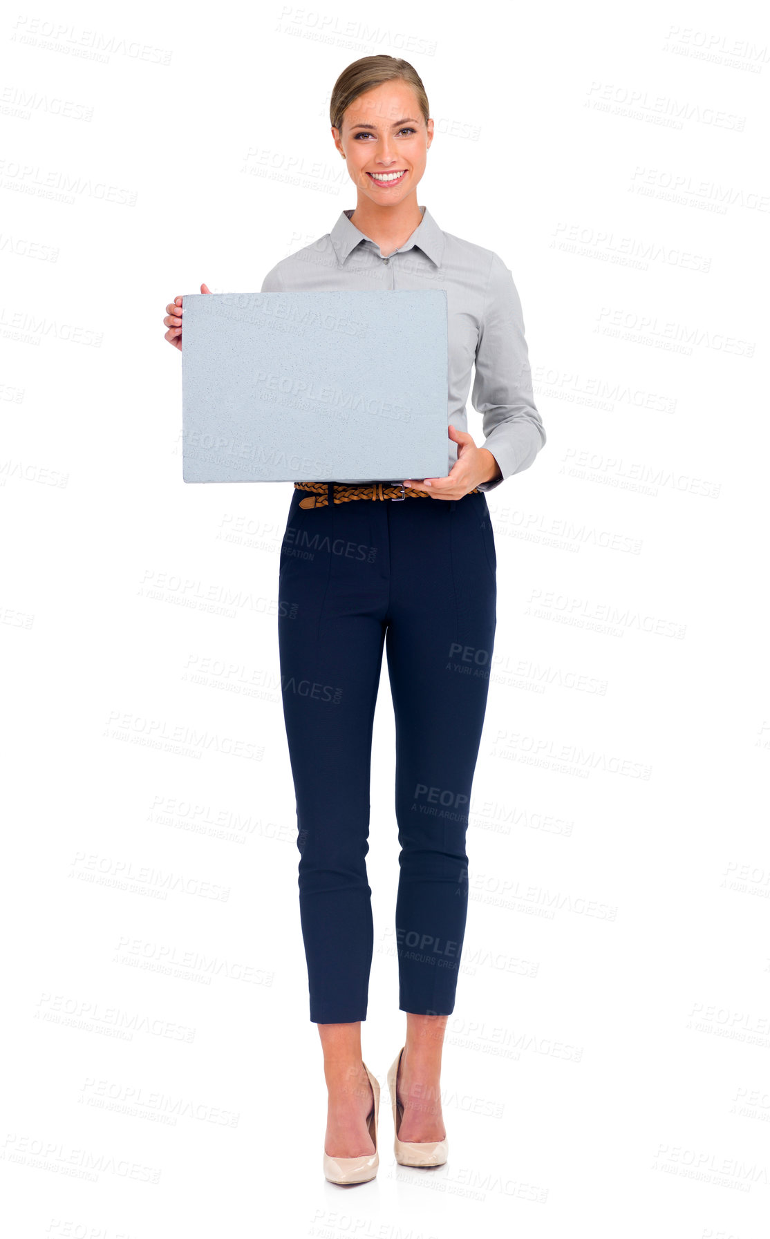 Buy stock photo Business woman, portrait smile and poster for advertising or marketing against a white studio background. Isolated happy female person holding sign or billboard for advertisement with mockup space