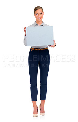 Buy stock photo Woman, portrait smile and poster for advertising or marketing against a white studio background. Isolated happy female person holding sign, placard or billboard for advertisement with mockup space