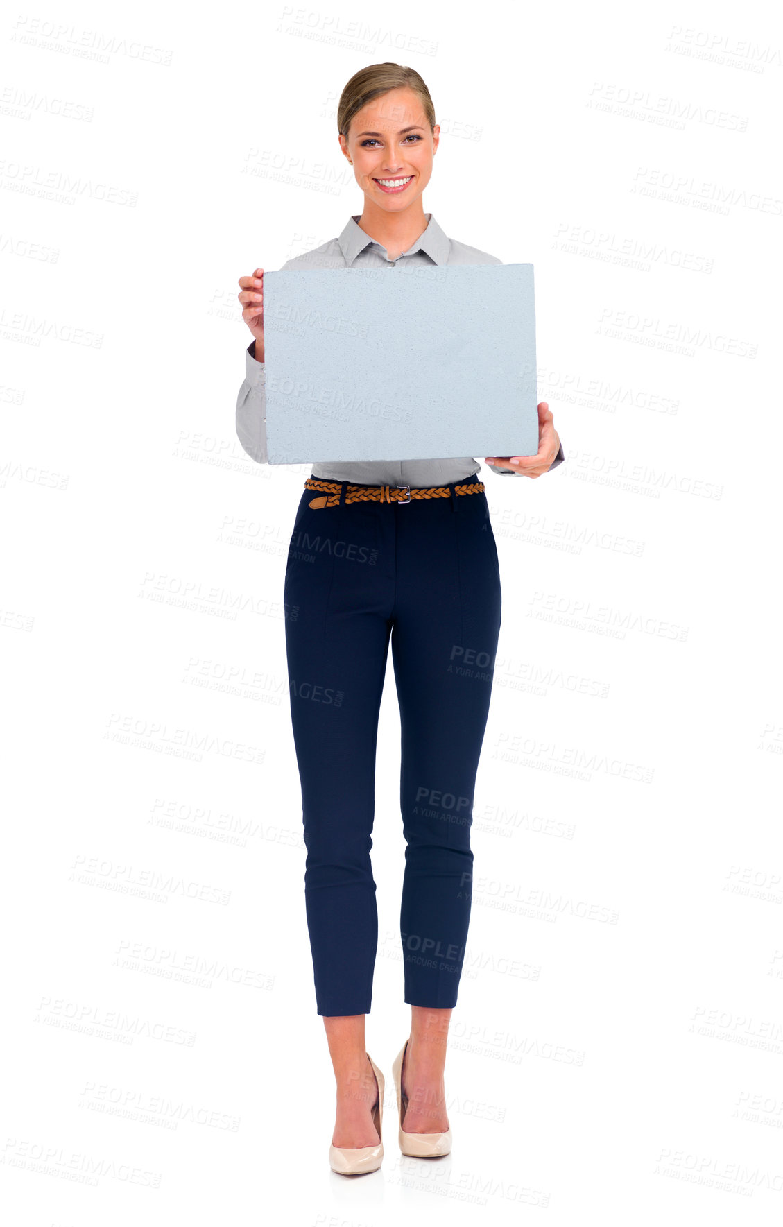 Buy stock photo Woman, portrait smile and poster for advertising or marketing against a white studio background. Isolated happy female person holding sign, placard or billboard for advertisement with mockup space