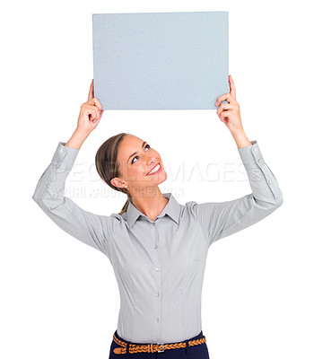 Buy stock photo Happy woman, poster and sign for advertising, marketing or branding against a white studio background. Isolated female person with smile holding billboard or placard for advertisement on mockup space